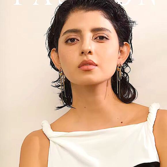 Gold Stainless Steel Silver Geometric Dangle Earrings - Picture 8 of 10